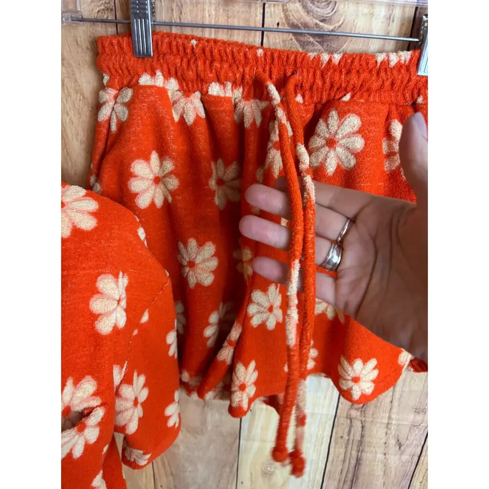 New In Orange Daisy Terry Cloth Short Top Set Swimsuit Coverup Women's Size M - Picture 7 of 9